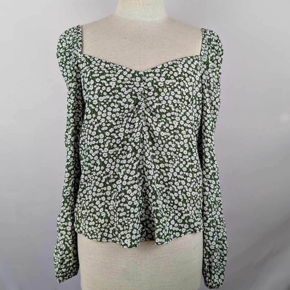 Boden Top Sweetheart Neckline Long Blouson Sleeve Tulip Sprig Print Green 6 NWT - Picture 2 of 14